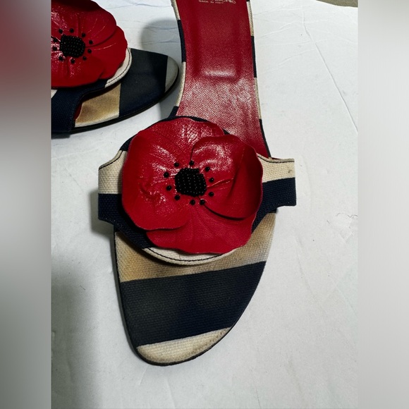 Moschino Vintage Y2K Poppy Floral Striped Kitten Heel Mules Slides Sandals Shoe - Picture 6 of 16